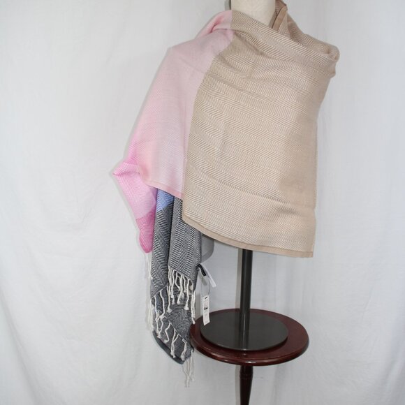 Talbots Shawl Wrap Scarf Pink Tan Blue Black Fringe Acrylic Wool  Soft Fall NEW - Picture 1 of 8